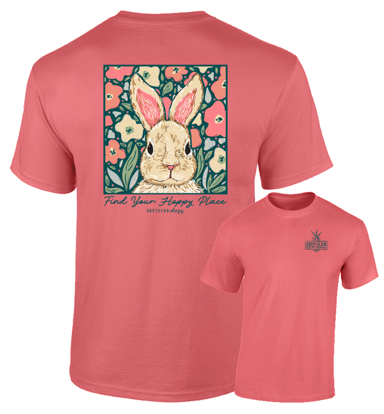 Coral Southernology graphic t-shirt featuring bunny with floral stained-glass design, front pocket and full back print
