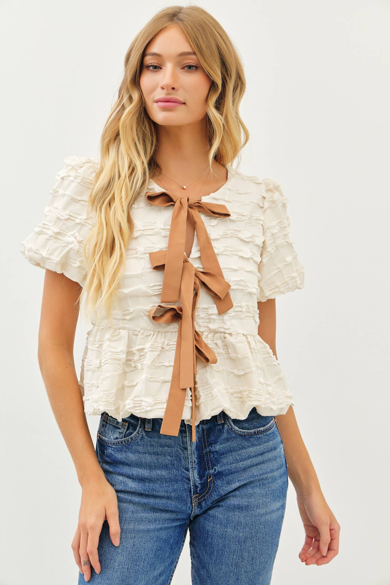 Alex Bow Babydoll Textured Blouse