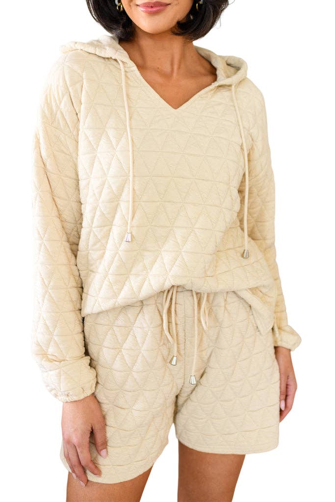 Quilted V Neck Hoodie and Shorts Set: Beige