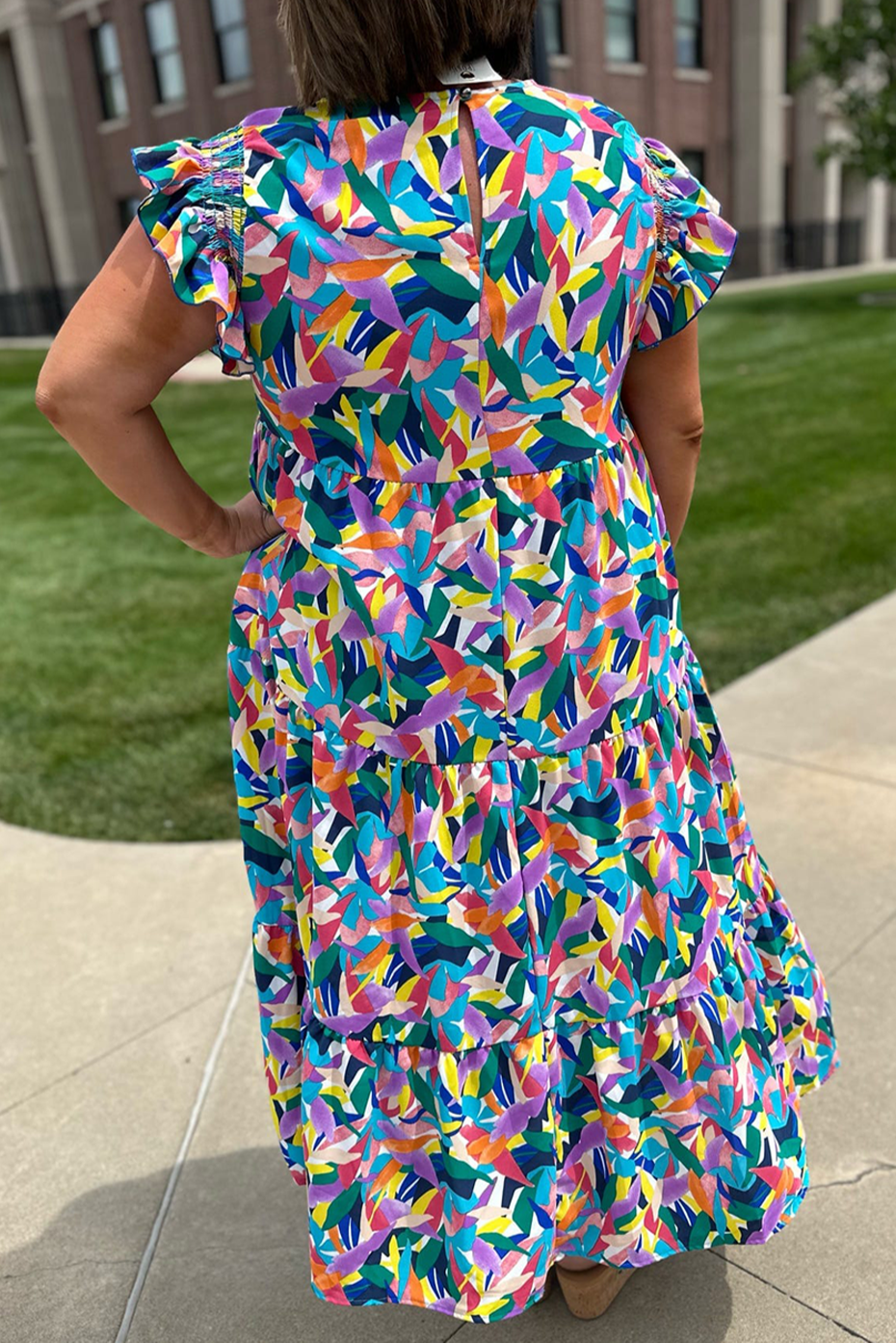 Plus Size Geometric Ruffle Sleeve Summer Maxi Dress: Blue