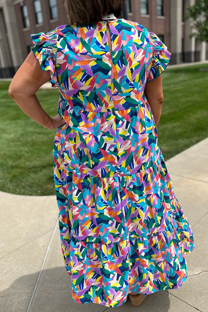 Plus Size Geometric Ruffle Sleeve Summer Maxi Dress: Blue