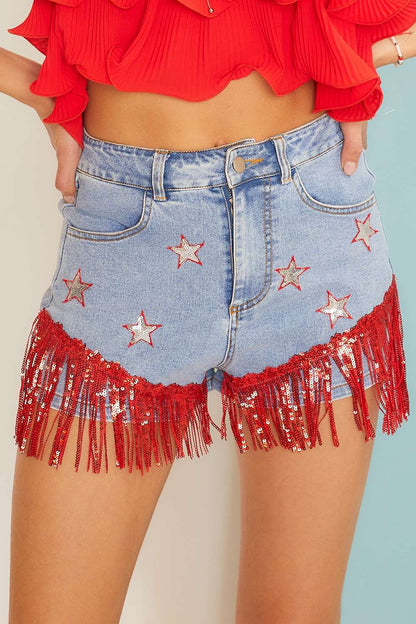 Star Fringe Denim Short: DENIM/RED