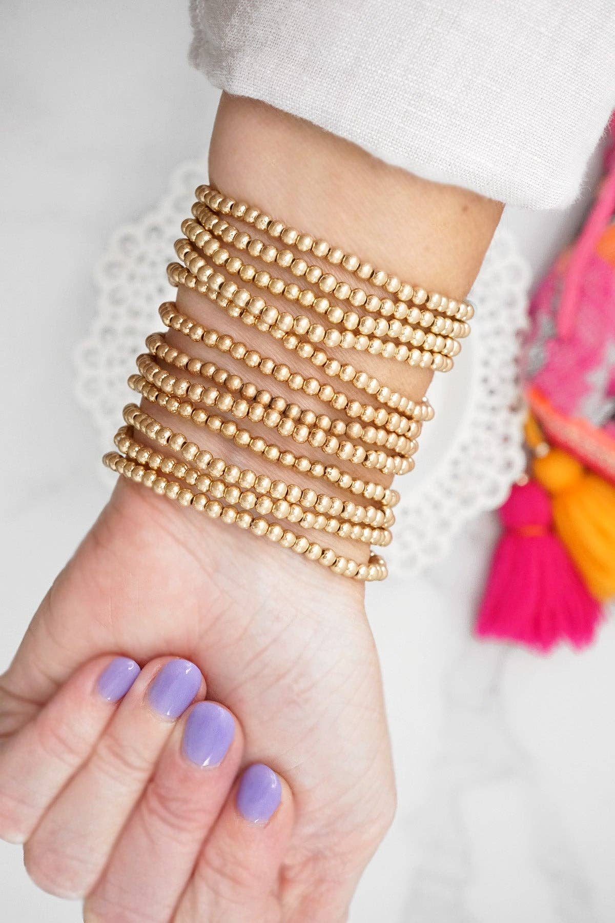 Bracelet stack Small Worn Gold Glass beads Pink Mint Denim