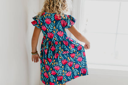 Kids Blue Floral Flutter Sleeve Summer Dress