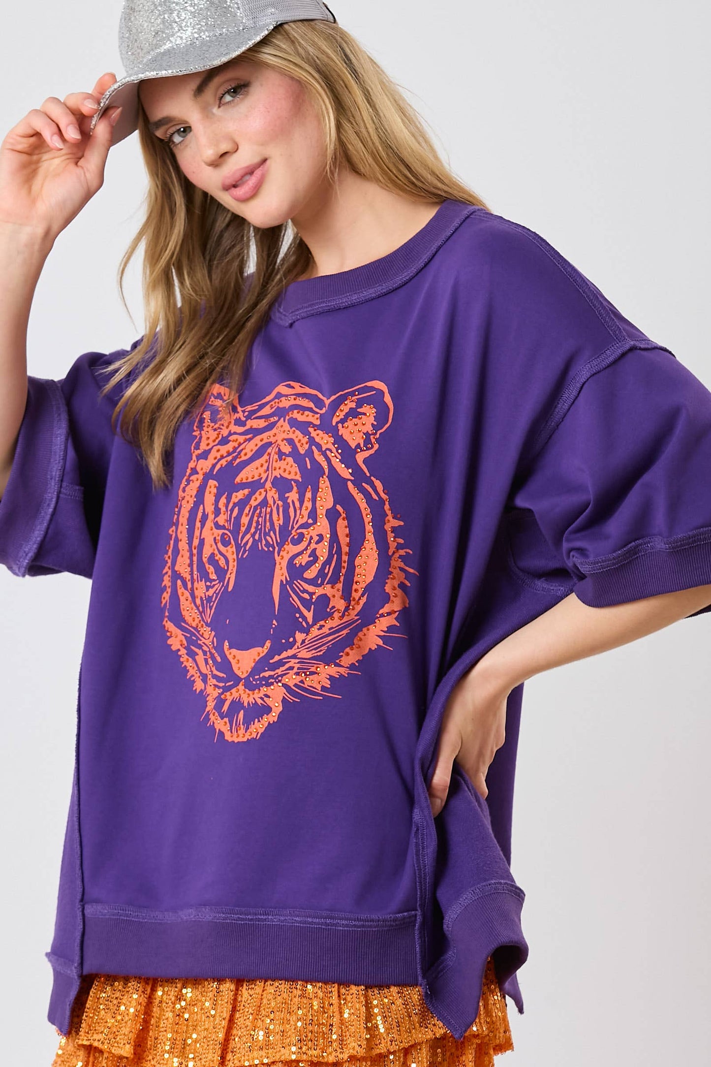 Tiger Head Sequin Purple and Orange Top