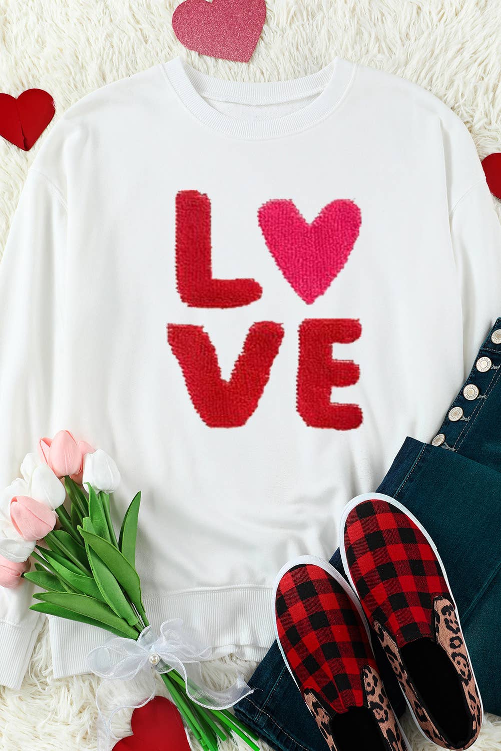 LOVE Patched Graphic Valentines Sweatshirt: White