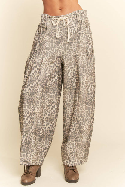 WASHED LEOPARD DEIM ELASTIC JEAN PANTS