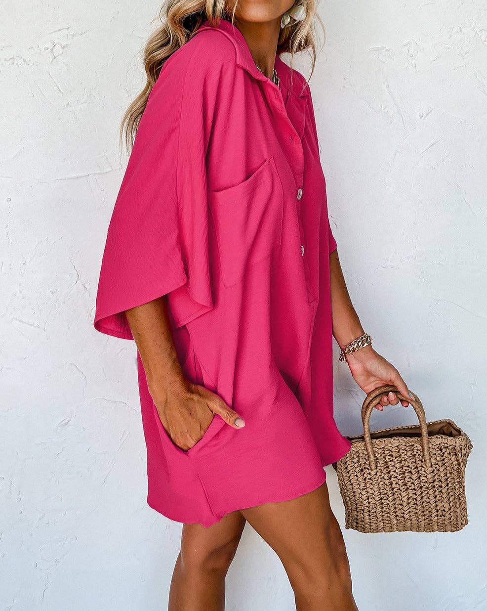 Half Button Collared Loose Romper: Bright Pink