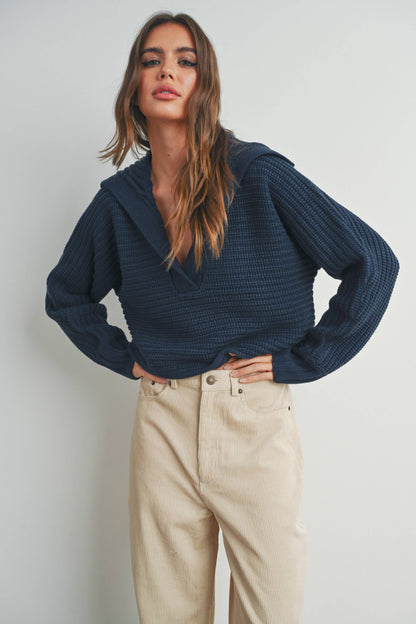 DRAMA COLLAR V NECK SWEATER - NAVY