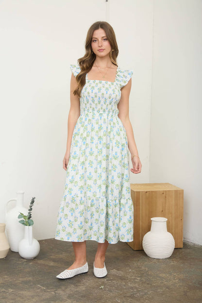 FLORAL TILE PATTERN SMOCKED SLEEVELESS MIDI DRESS
