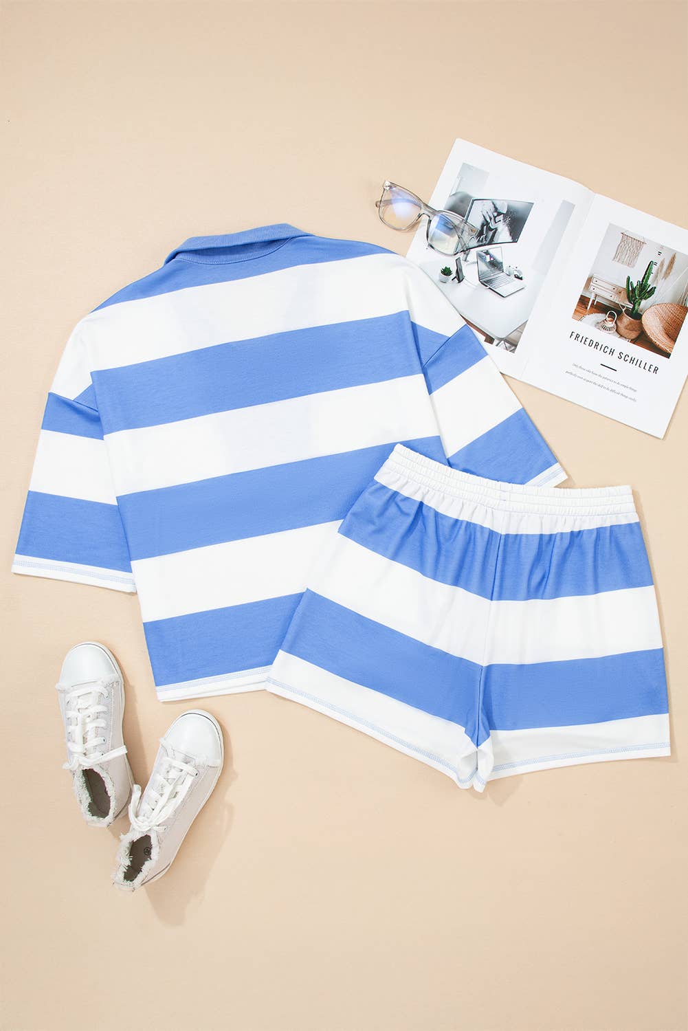 Striped Half Zip Oversize Tee Casual Shorts 2pcs Set
