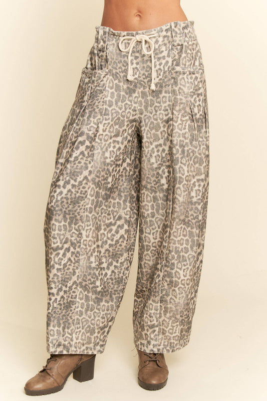 WASHED LEOPARD DEIM ELASTIC JEAN PANTS