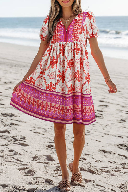 Boho Goddess Floral Short Sleeve Mini Dress