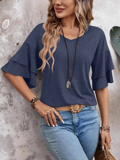 Women's V-Neck Flutter Sleeve Top – Casual Summer T-Shirt