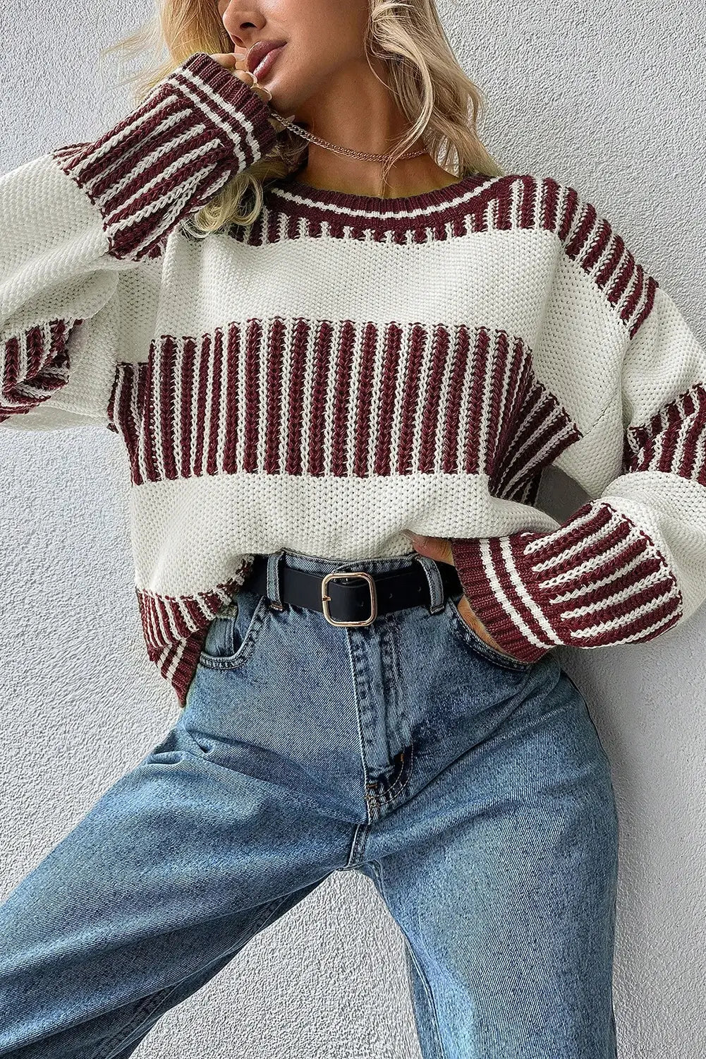 Striped Knit Sweater Trendy Colorblock Oversized Pullover