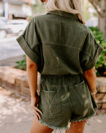Denim Distressed Snap Button Romper: Moss Green