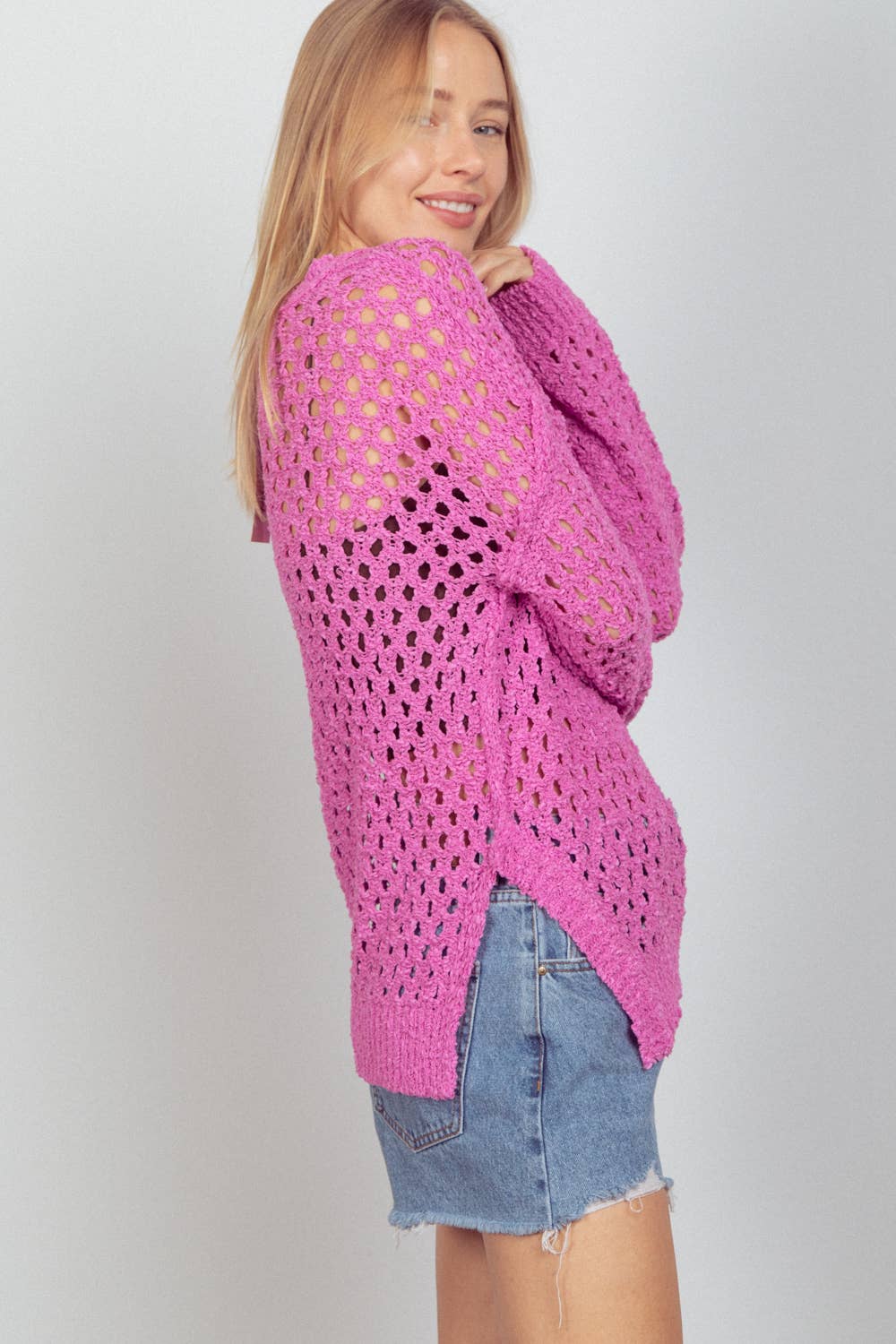 Oversized Tunic Hole Knit Sweater Top: Pink