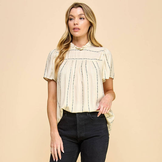 The Interview Flutter Sleeve Ruched Neck Printed Top in Stone