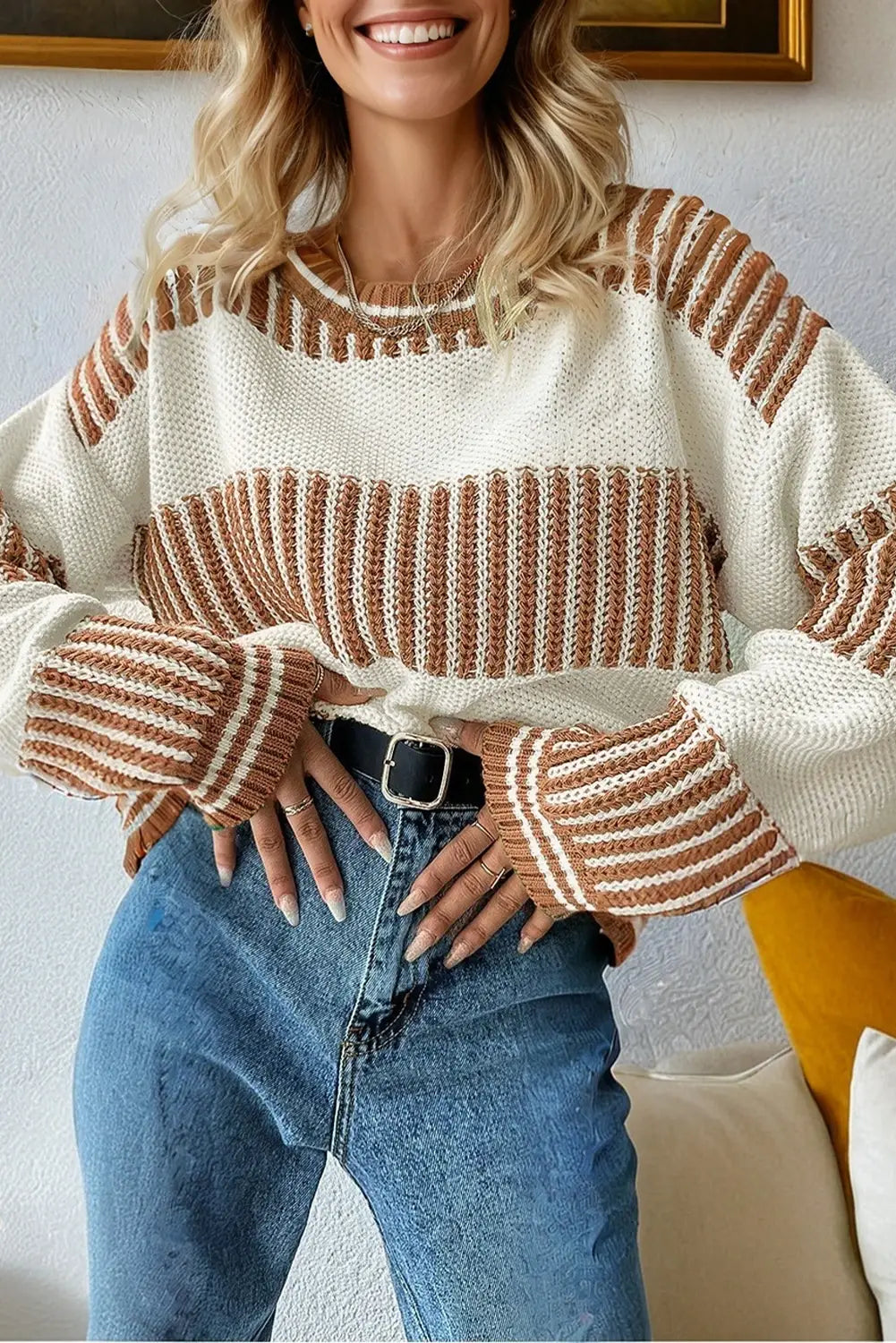Striped Knit Sweater Trendy Colorblock Oversized Pullover