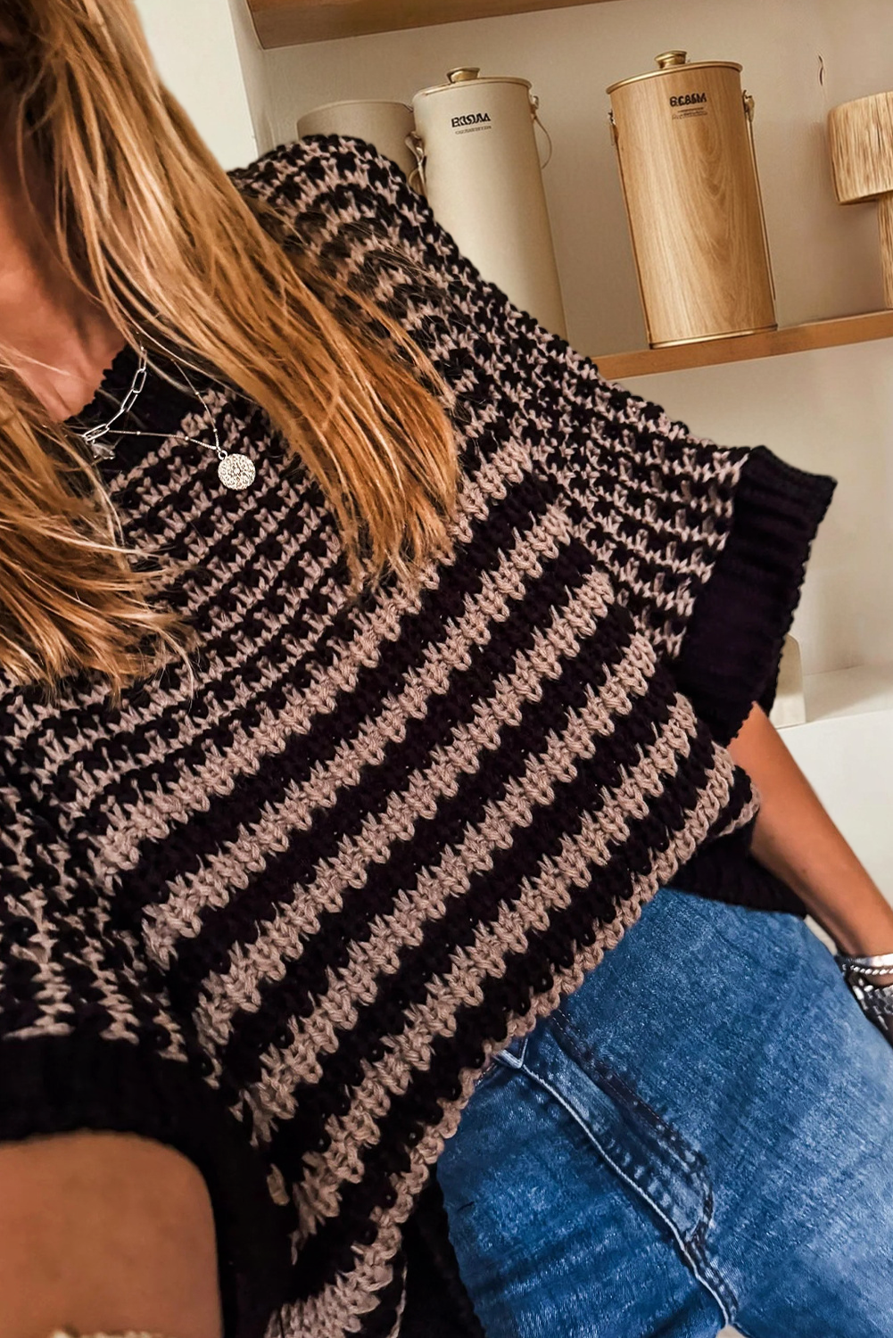 Stripe 3/4 Draped Sleeve Slouchy Sweater (S-XL)