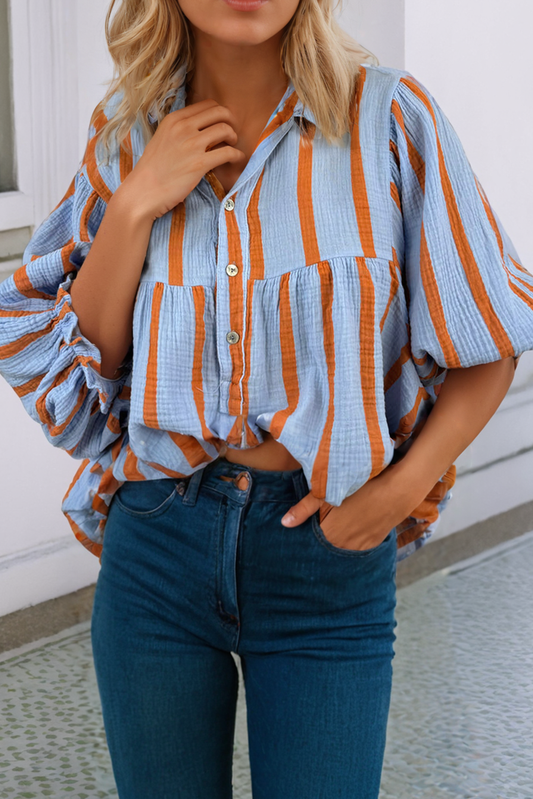 The Jill Stripe Ruffled Button Up Loose Fit Shirt