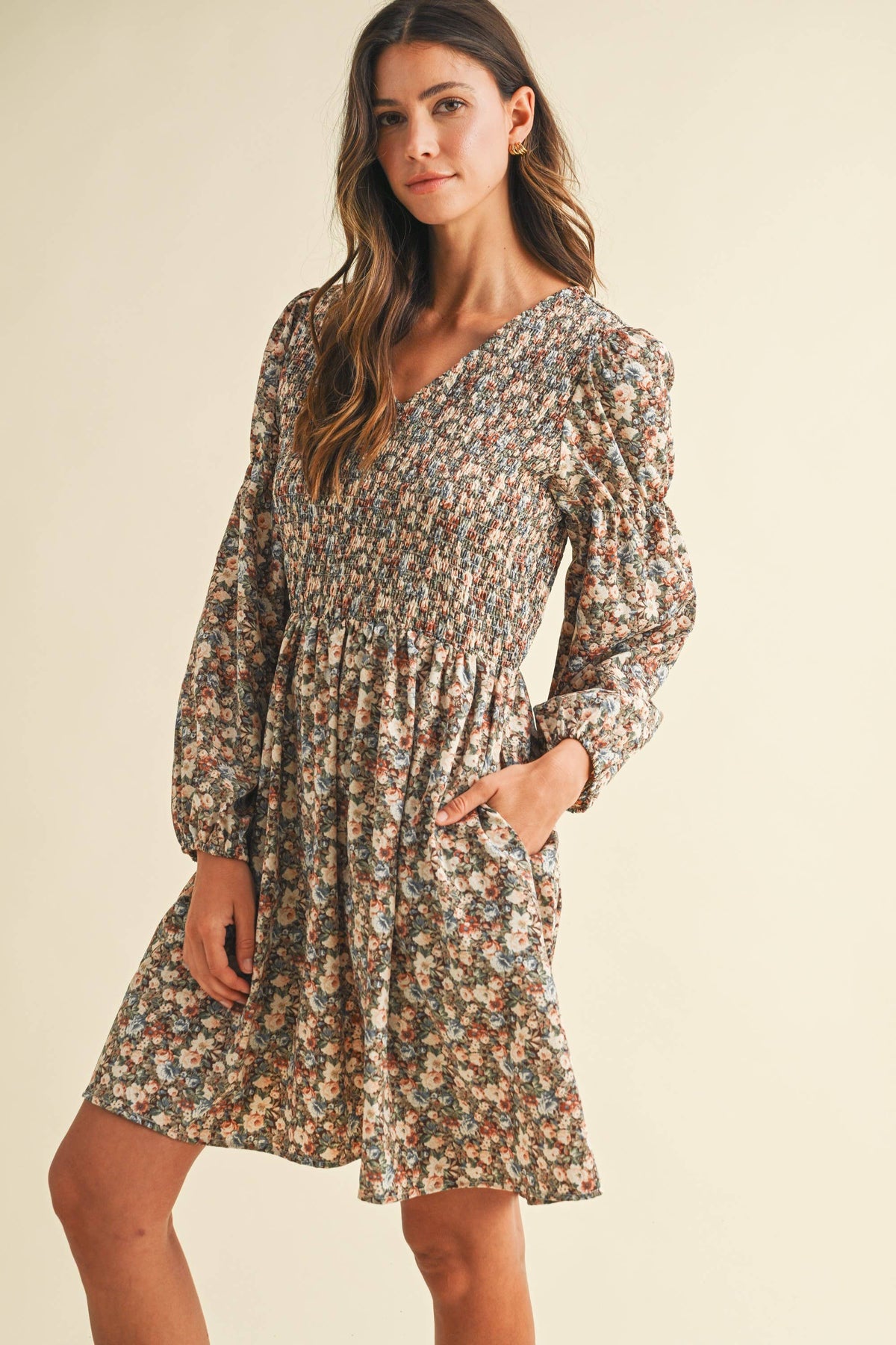 Vintage Flower Print Smocking Detail Mini Dress
