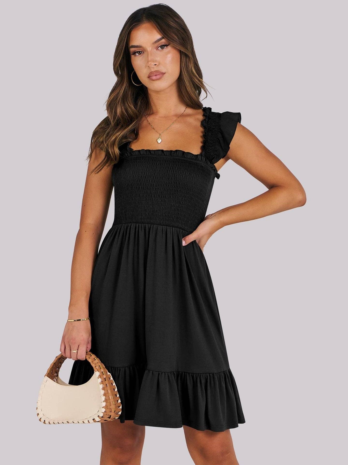 Women’s Smocked Square Neck Ruffle Sleeve Mini Dress Casual Summer Flowy A Line Dress