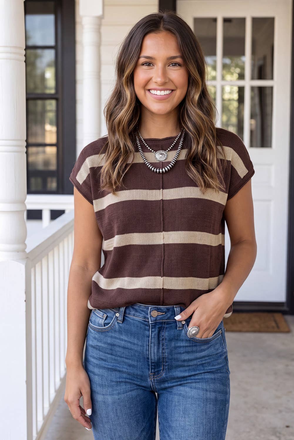 LAS Striped Cap Sleeve Knit Sweater (S-XL)