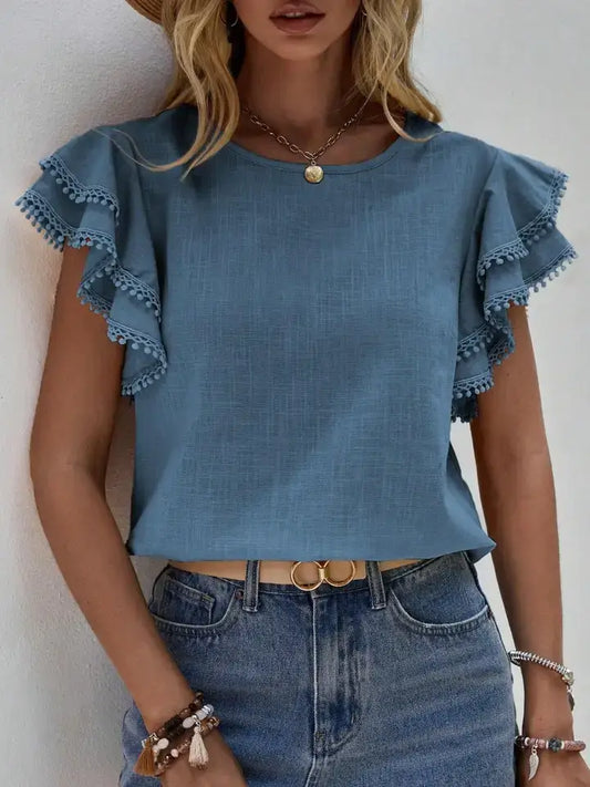 Ruffle beaded casual top. Available in blue and pink. Perfect for everyday wear or any kind of event 