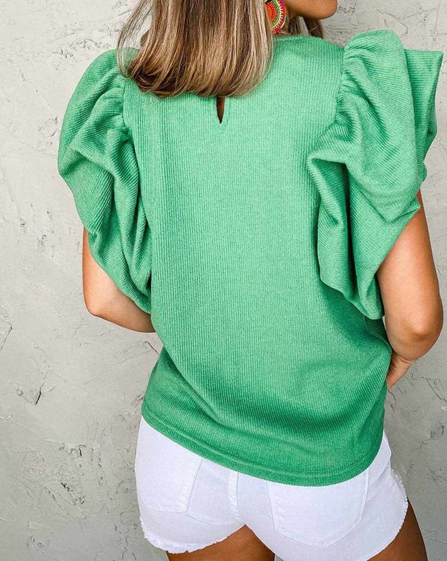 Ribbed Ruffle Puff Sleeve Spring Blouse: Green