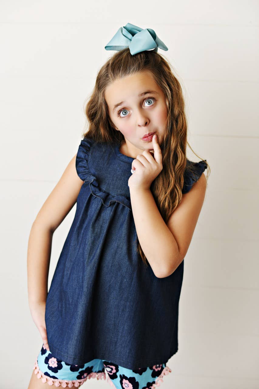Adorable Sweetness - Kids Dark Jean Flower Ruffle Button Spring Two Piece Set: 5/6
