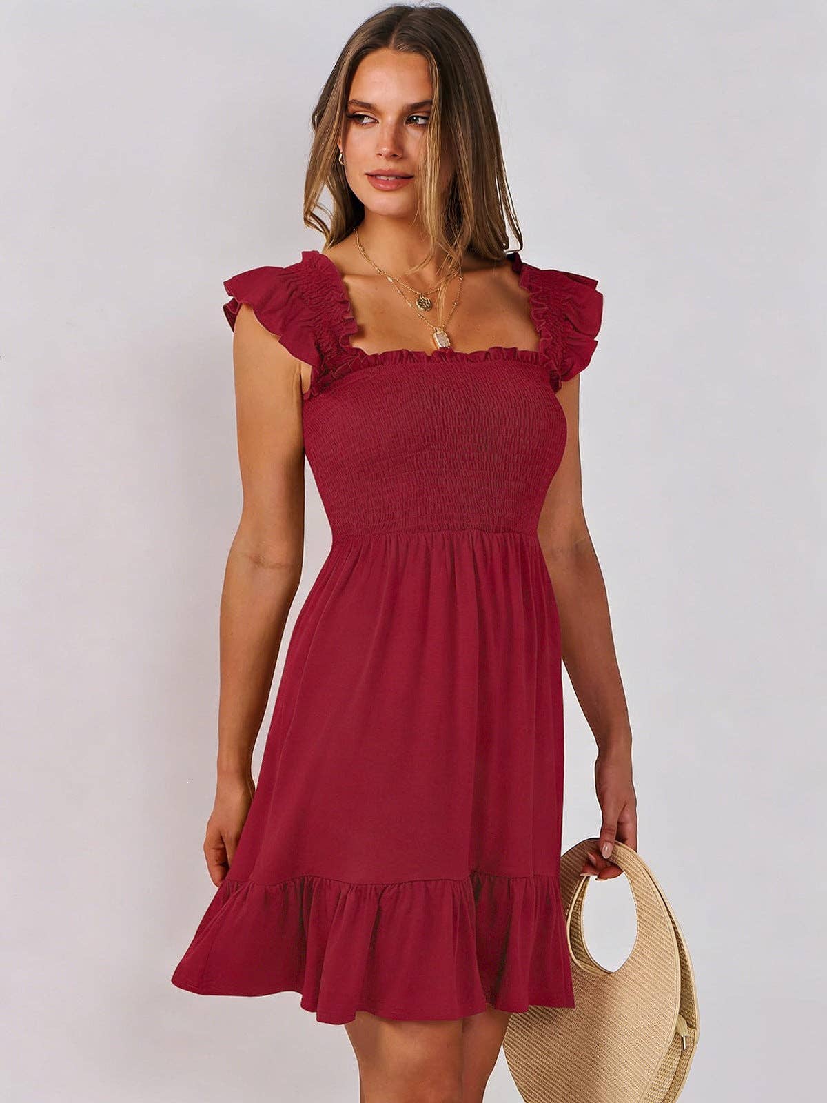 Women’s Smocked Square Neck Ruffle Sleeve Mini Dress Casual Summer Flowy A Line Dress