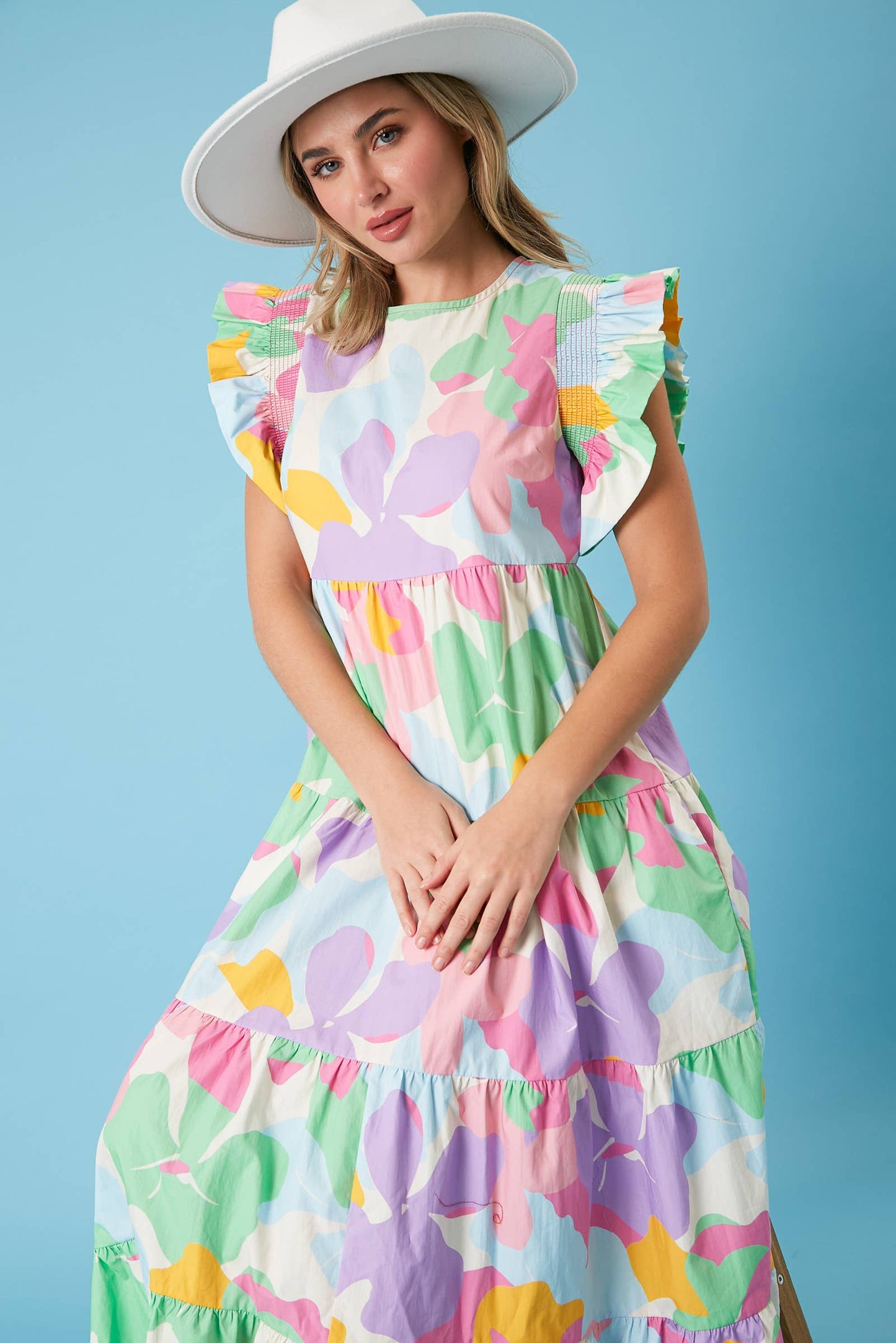 Ava Smocked Ruffle Sleeve Midi Dress: MULTI PASTEL