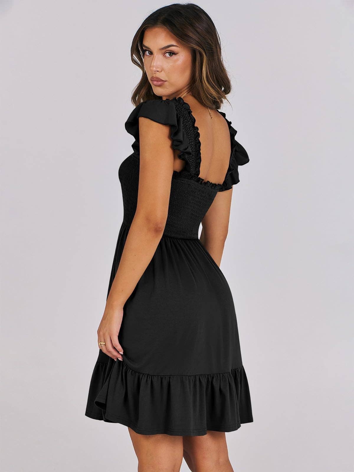Women’s Smocked Square Neck Ruffle Sleeve Mini Dress Casual Summer Flowy A Line Dress