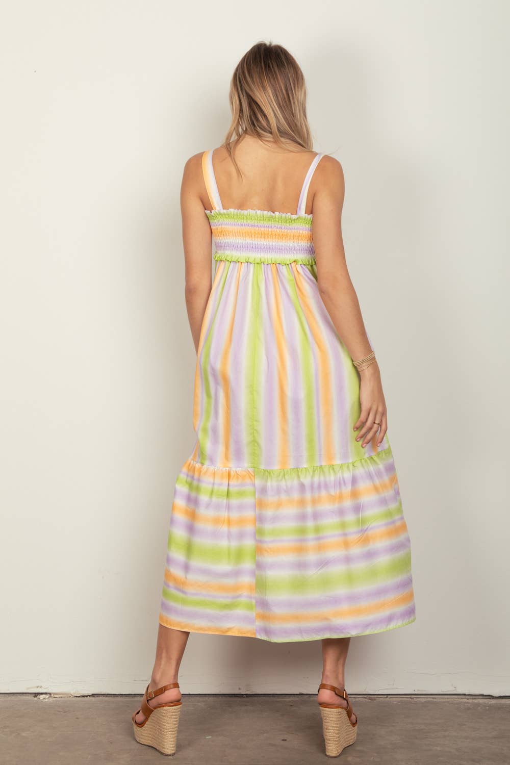 Multi Color Stripe Woven Midi Dress: MANGO COMBO / S-M-L