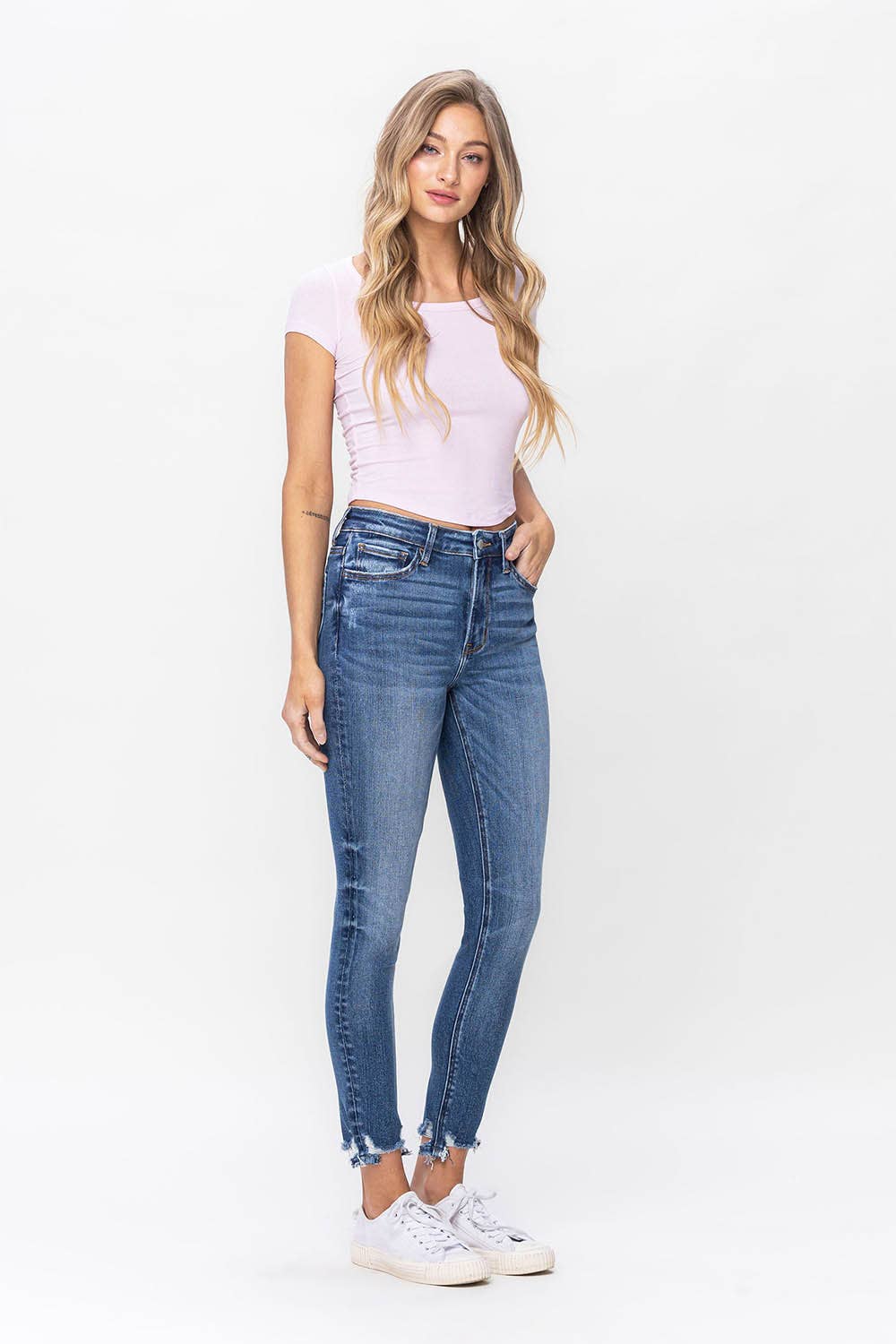 Lovervet by VERVET - HIGH RISE DISTRESSED HEM ANKLE SKINNY JEANS