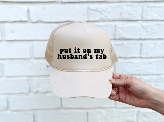 Southern Attitude Designs Inc - Husband's Tab DTF Printed Tan Trucker Hat/Black Ink