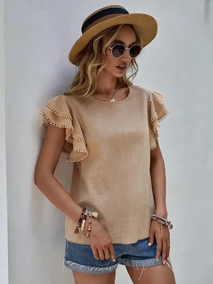 Round Neck Ruffle Sleeve Pom Pom Trim Casual Blouse Top