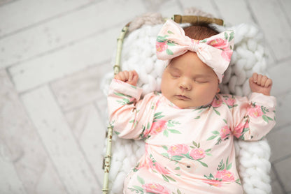 Adorable Sweetness - Infant Girls Pinky Pink Rose Baby Gown and Bow Headband