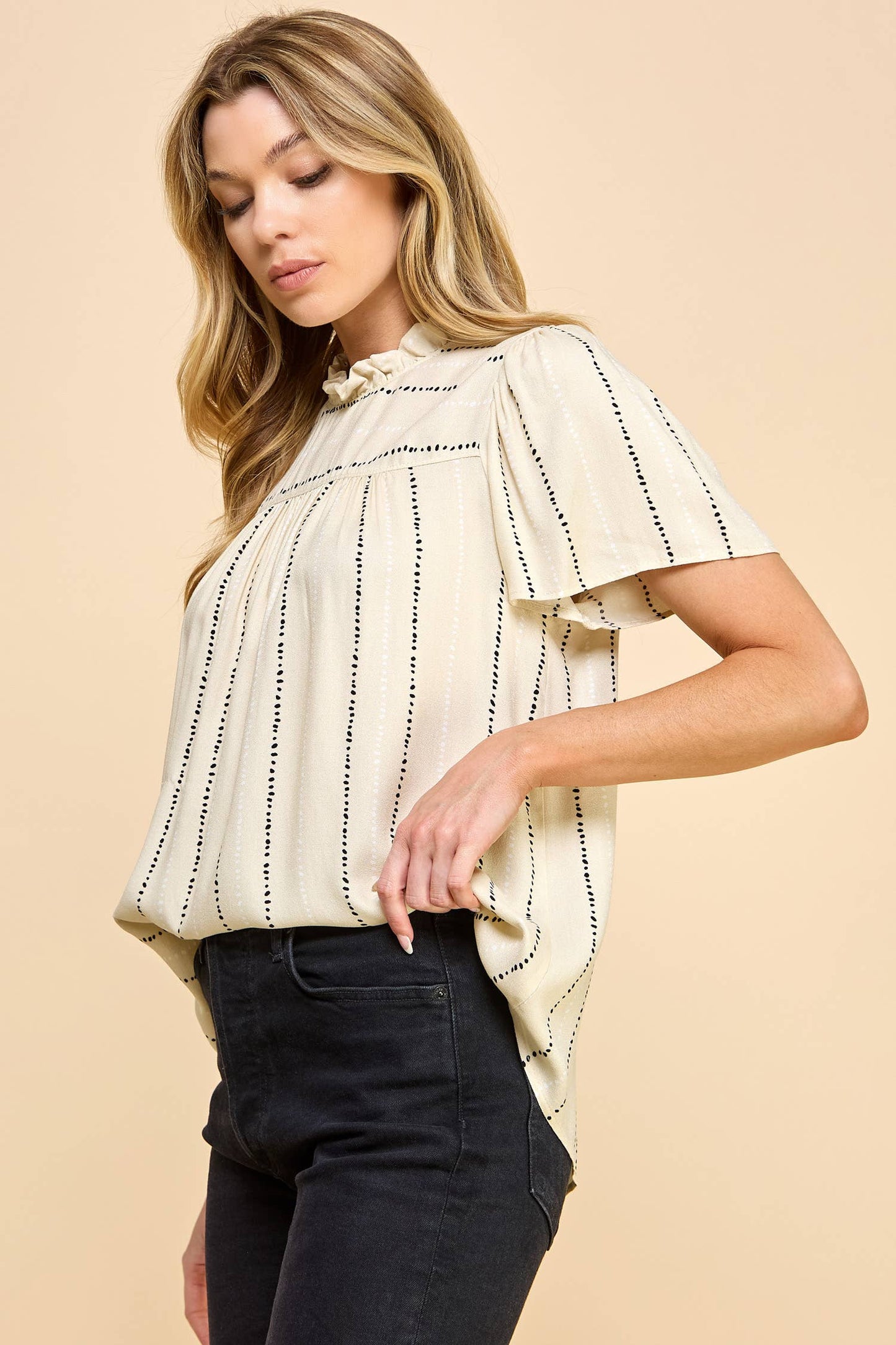 The Interview Flutter Sleeve Ruched Neck Printed Top in Stone