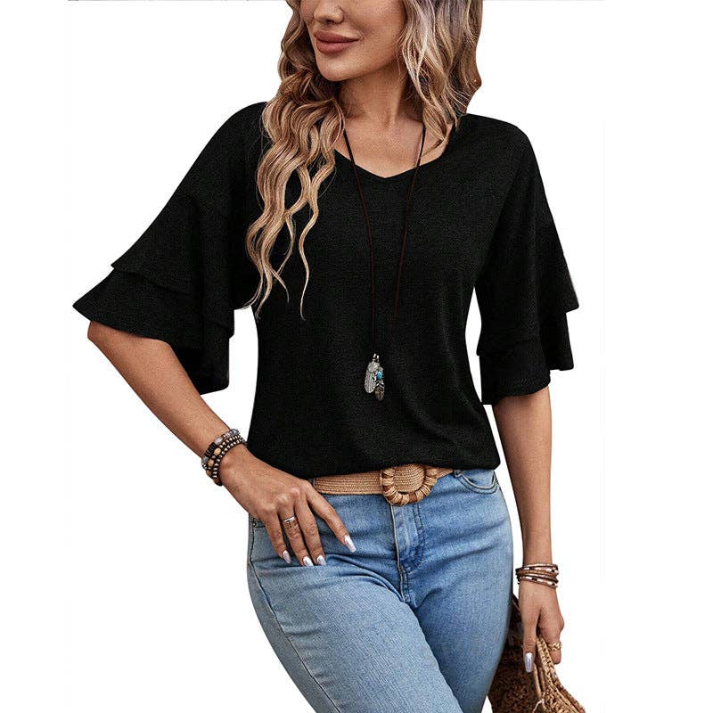 Women's V-Neck Flutter Sleeve Top – Casual Summer T-Shirt