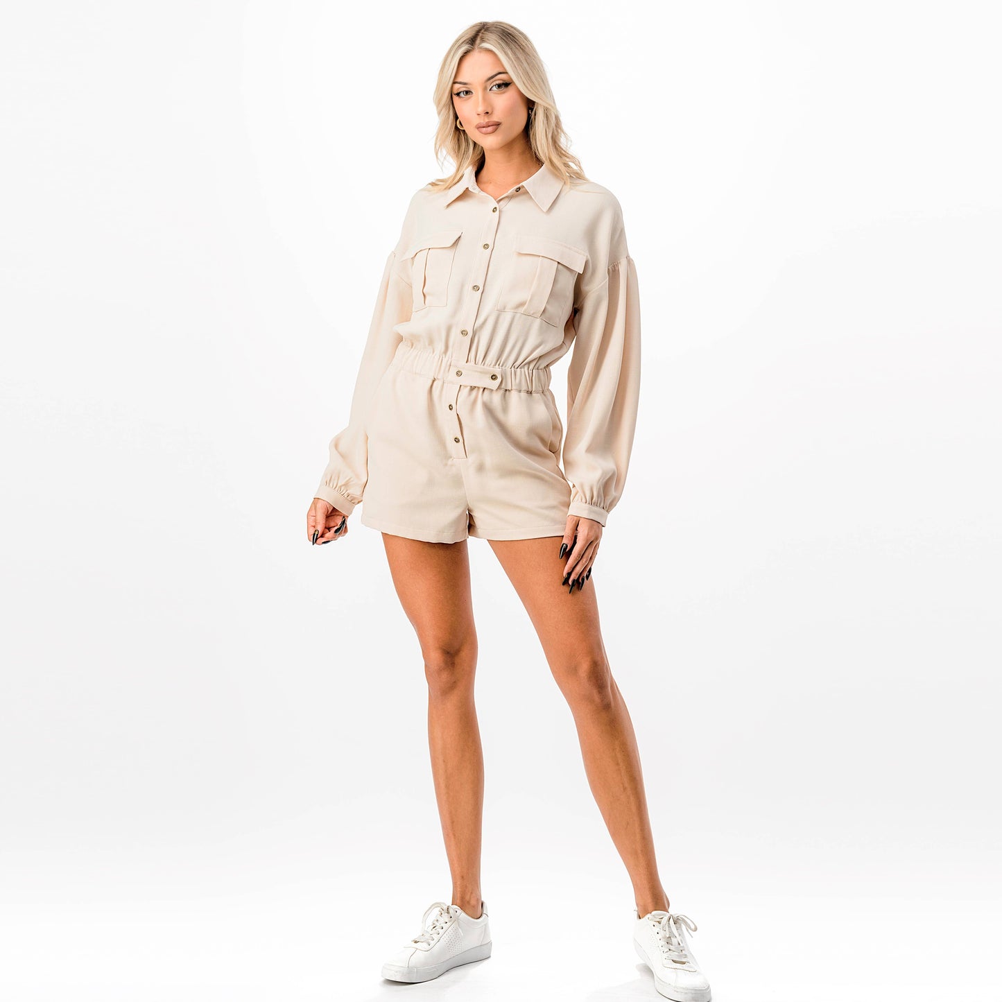 Long Sleeve Cinched Waist Utility Romper: BEIGE