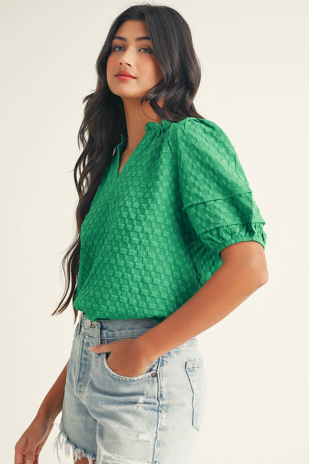Little Daisy Closet - LDC Textured Puff Short Sleeve Notched V Neck Top: Bright Green