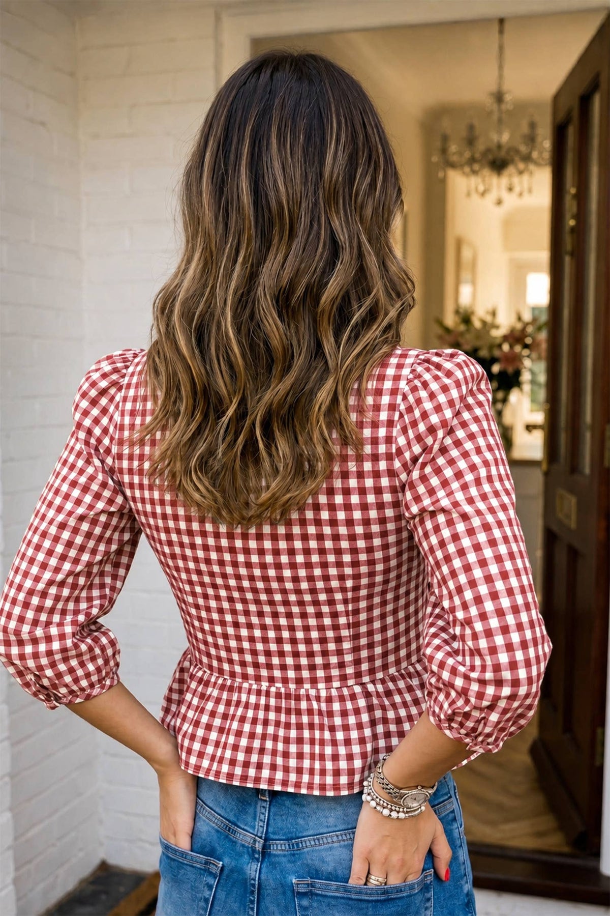 LAS Plaid Smocked Bubble Sleeve Casual Blouse (S-XL)