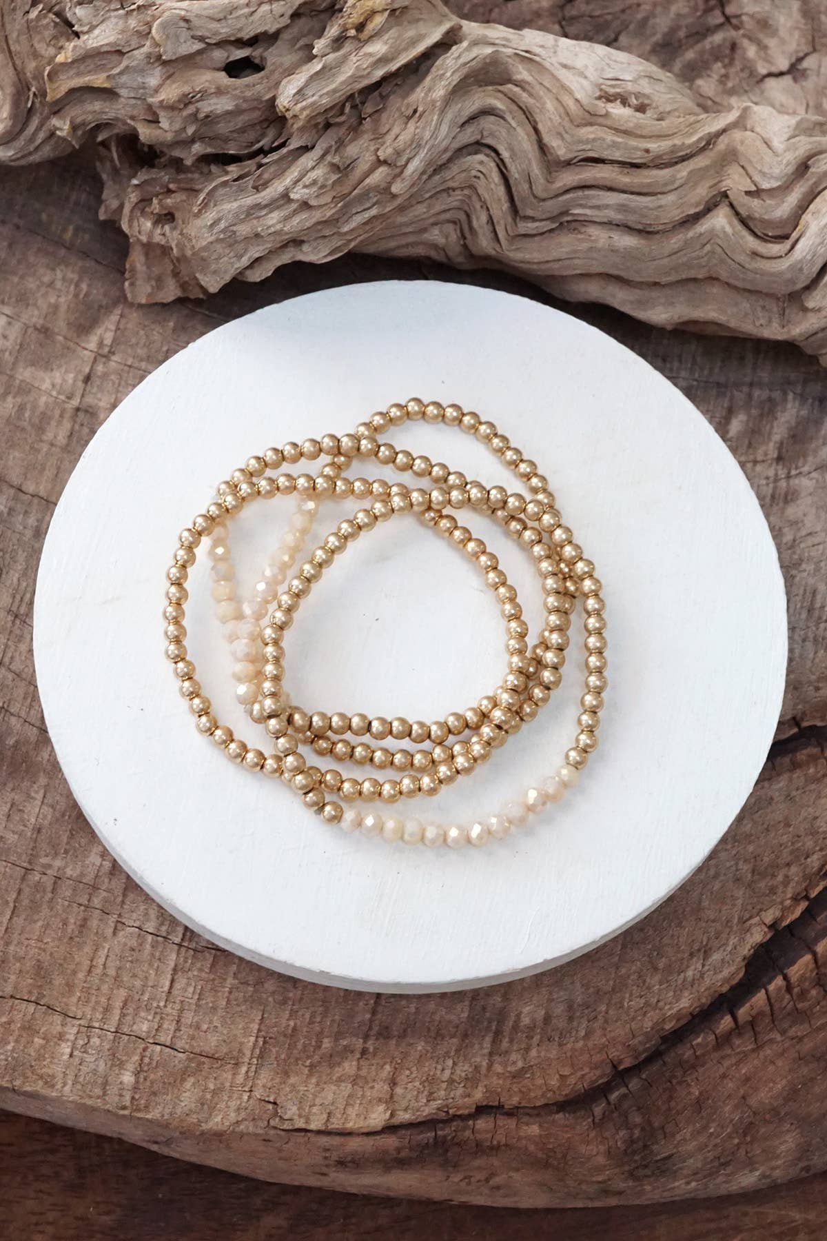Bracelet stack Small Worn Gold Glass beads Pink Mint Denim