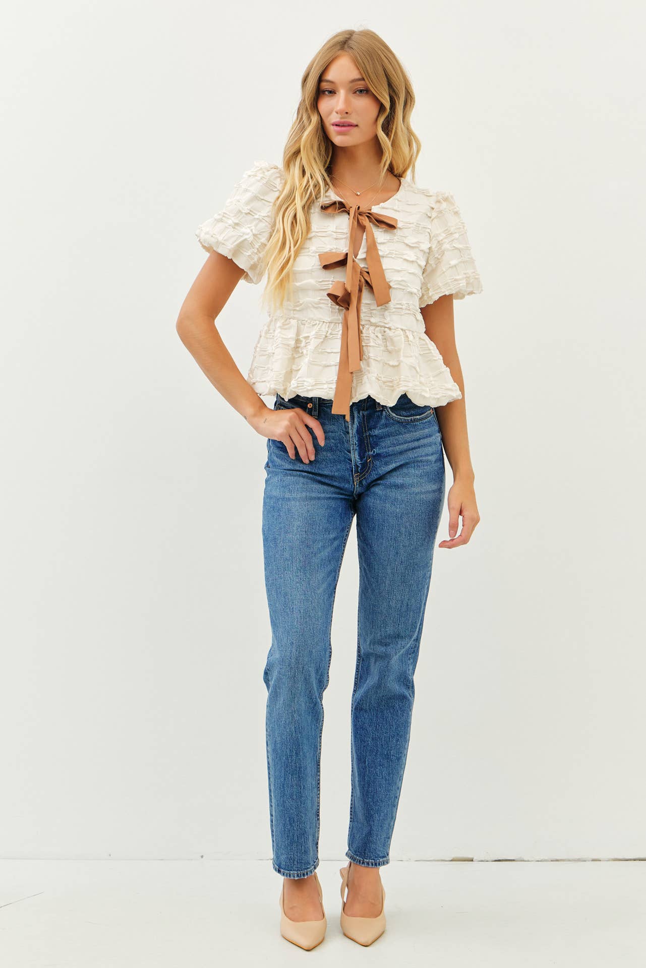 Alex Bow Babydoll Textured Blouse