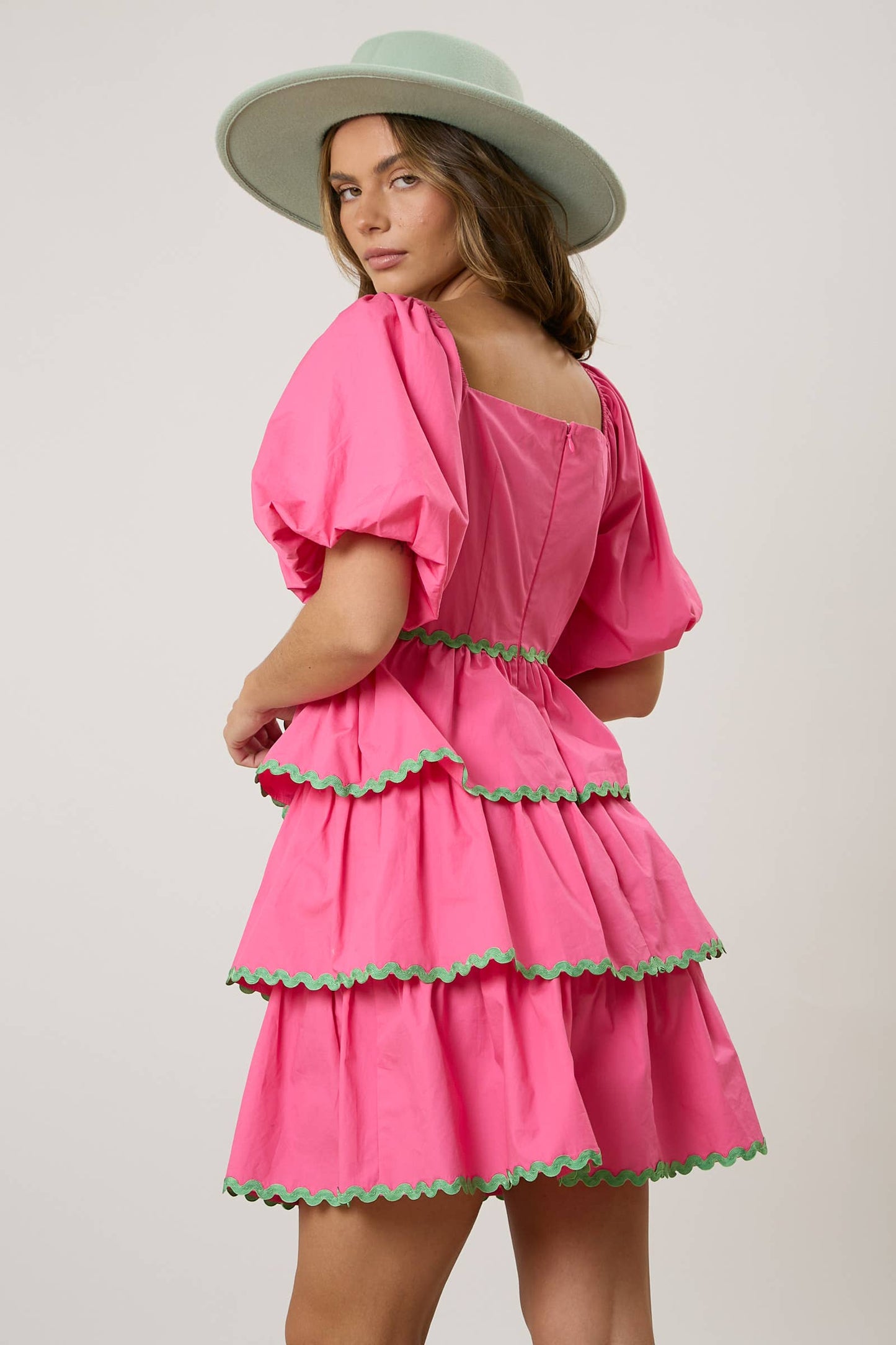 Reese Tiered Wave Trim Mini Dress: Hot Pink with green trim