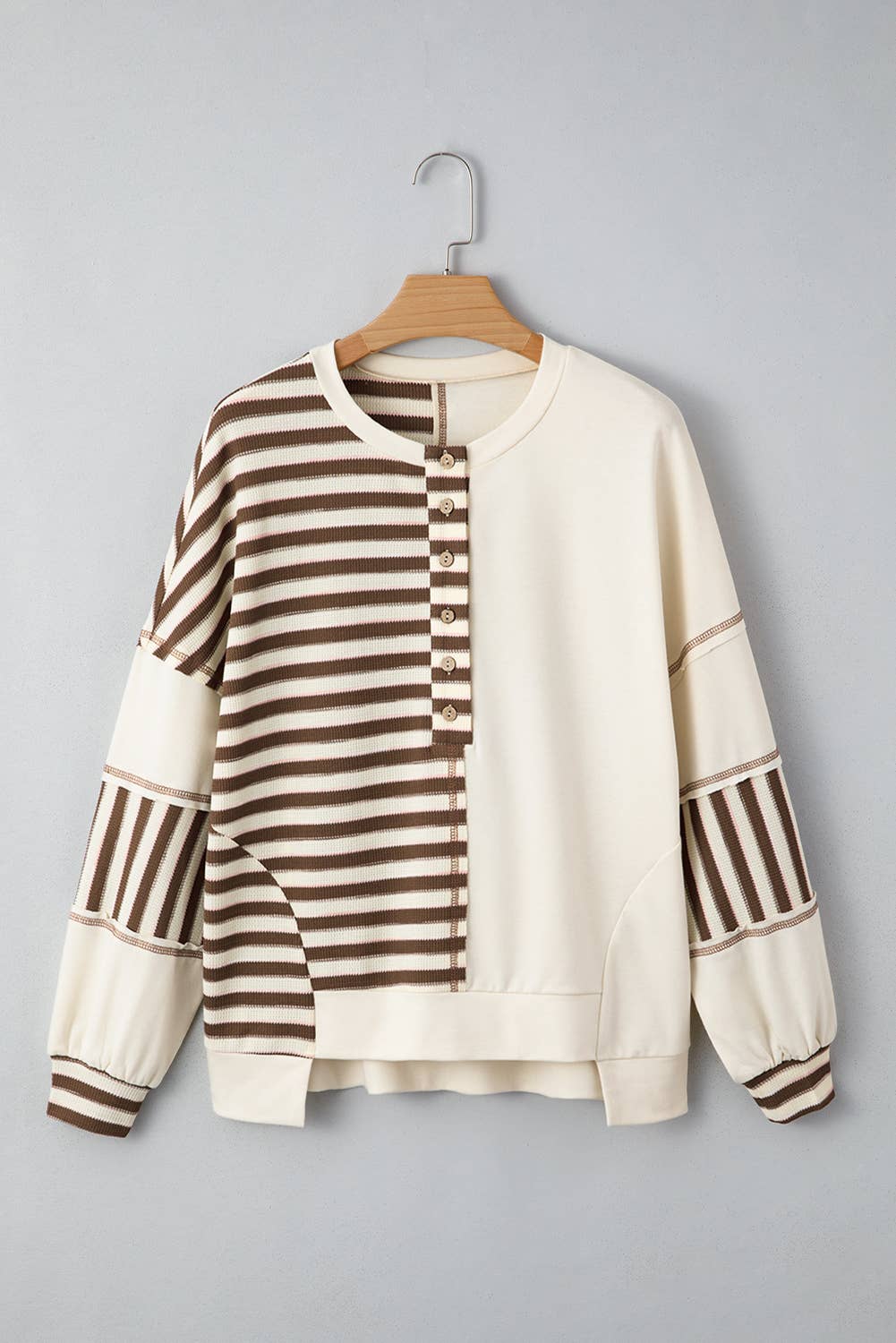 Stripe Patchwork Buttoned Drop Pullover Top