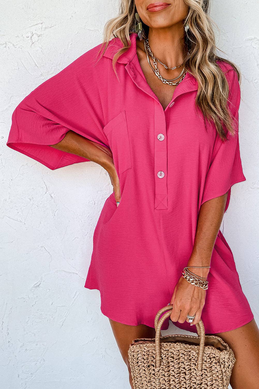 Half Button Collared Loose Romper: Bright Pink