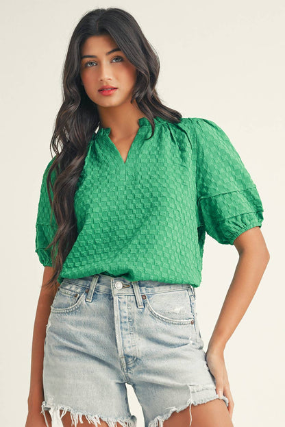 Little Daisy Closet - LDC Textured Puff Short Sleeve Notched V Neck Top: Bright Green